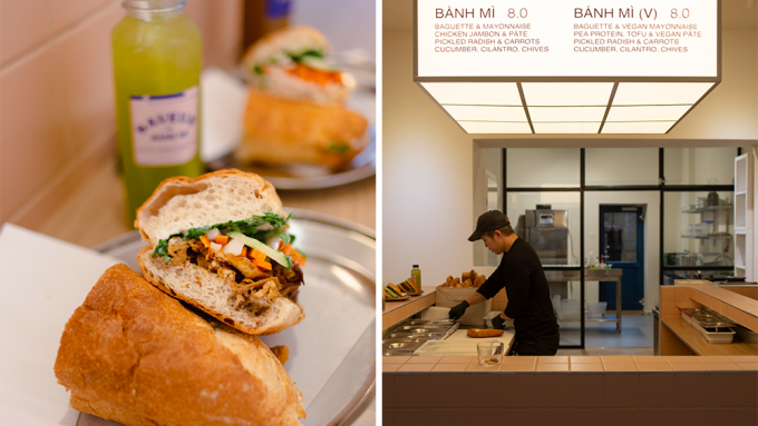 Veganes Banh mi Sandwich und Blick in den minimalistischen Sandwich Deli Saveur de Banh mi